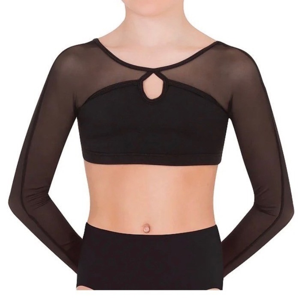 Body Wrappers Premiere‎ Black Mesh Long Sleeve Keyhole Dance Crop Top 8-10